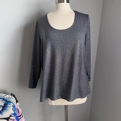 Slinky Brand Women’s Size 1X Gray Sparkle Glitter Top Blouse Scoop Neckline - Image 1 of 4