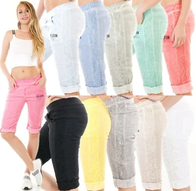 ITALY MODA Damen Capri Shorts Bermuda kurze Hose Baggy Chino Häkel Spitze 34-38 ITALY
