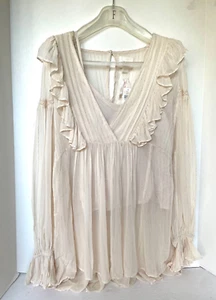 Anthropologie Ruffle Tunic Top Womens 0 Ivory V-Neck Long Sleeve Fairycore - Picture 1 of 15