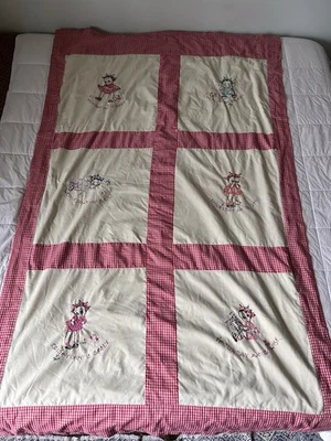 Vintage Handmade Embroidered “Days of the Week” Quilt Red Gingham 39.5”x64” - Image 1 of 4