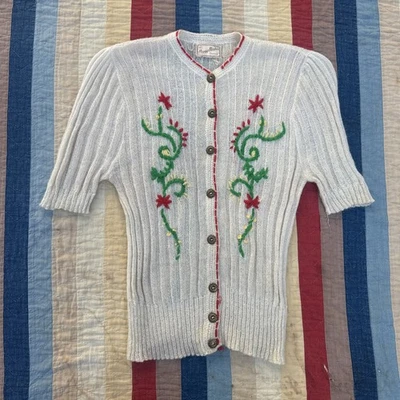 Vintage 1930s White Knit Cardigan Sweater Blouse Embroidered Flower Peggy Parker - Image 1 of 4