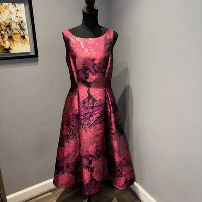 Adrianna Papell Metallic Jacquard Tea-Length Fit & Flare Purple Dress Sz 12 - Image 1 of 4