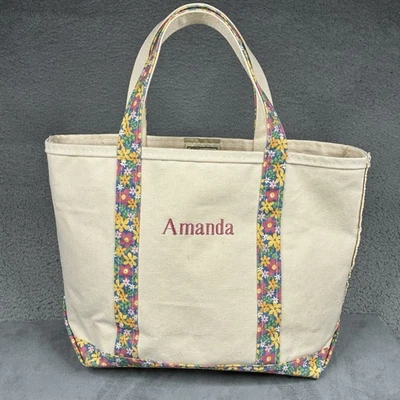 Bolso de Mano LL Bean Boat & Tote Vintage Lona Blanca Bordado Floral Hecho en EE. UU. Foto 1 de 4