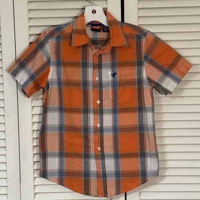 Wrangler 男孩格子短袖纽扣衬衫 10/12 码橙色格子 — 第 1/4 张图片