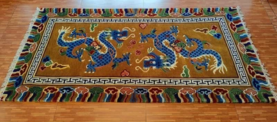 Alfombra de lana tibetana anudada a mano 3x6 pies - alfombra oriental dos dragones, alfombra boho Foto 1 de 4
