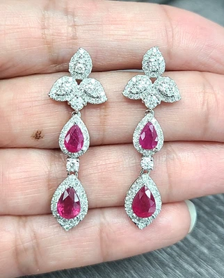 Deal! 3.90CTW Genuine Red Ruby & Natural Diamond Dangling Earrings 14K Gold 37mm - Image 1 of 4