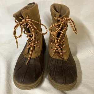 Polo Ralph Lauren Women's Brown Leather Canvas Duck Boots Size 5M 5 M 6 Eyelet - Picture 1 of 13