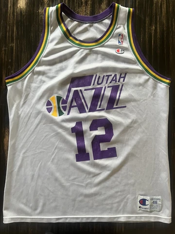 Vintage NBA Champion Jersey Utah Jazz John Stockton #12 Men XL 48 White Vtg Gold Cover
