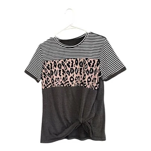 Womens Leopard Print Striped Block Side Twist Shirt Size Medium - Picture 1 of 8