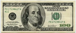 2003-A $100 Federal Reserve Note - Ink Transfer Error on Reverse -Fold at Center - Picture 1 of 2