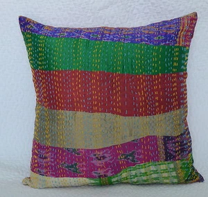 Indian Multi Patchwork Silk Cushion Cover Kantha Stitch Home Decor Pillow Sham - Picture 1 of 4