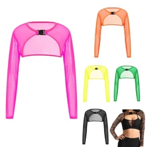 Women Sheer Mesh Rave Crop Top Long Sleeve Shrug Fishnet Cover Up with Buckle - Picture 1 of 32