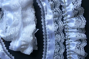Lace 70mmW 5 Met WHITE & WHITE Satin 3mm Insert Ribbon 1 Side / Knitting LKB - Bild 1 von 3