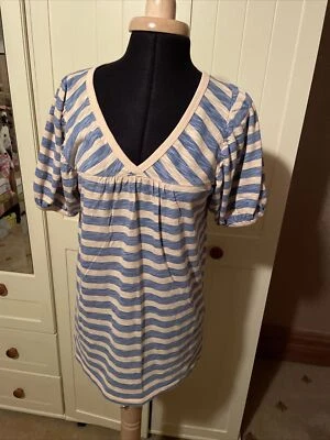 GENERRA Preloved Ladies Top Size S Blue Beige Stripe Cotton Jersey Short Sleeve - Image 1 of 4