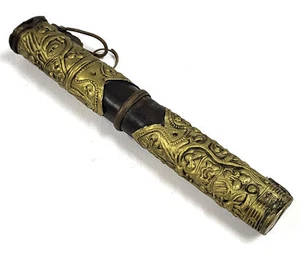 Antiguo juego de comer trousse chino mongol Qing estuche solo cuero latón BB758 - Imagen 1 de 8