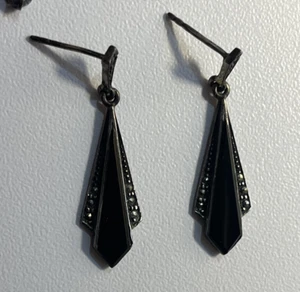 Sterling Silver 925 Black Onyx & Marcasite Dangle Earrings Vintage Perfect - Picture 1 of 4