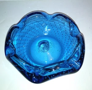Vintage Blenko Glass Crimped Controlled Bubble Ashtray Turquoise Blue 6 1/2" - Picture 1 of 10