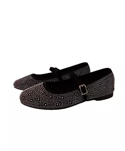 Mary Jane Flat Shoes Womens Girls Size 5 Black Silver Studded Buckle Ballet Pump - Picture 1 of 12