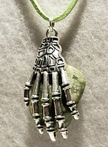 Skeleton Hand w/Green Stone Pendant & Suede Cord Necklace w/Lobster Clasp - Picture 1 of 6
