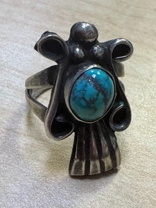Vintage Sterling Silver Navajo Ring Turquoise Size 8 IHMSS R. Long Southwest - Picture 1 of 3