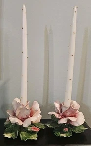 Capodimonte Porcelain Ceramic Pink Rose Candle Holder Pair Made Italy - Picture 1 of 10