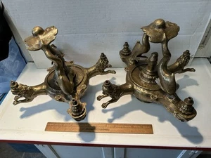 Pair Antique Cast Bronze Extreme Art Nouveau Light Fixtures Cherubs Dolphins - Picture 1 of 24