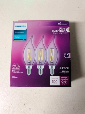 NEW 3-Pack Philips BA11 60W 300 Lumens Light Bulbs Warm Glow, Candelabra Base - Image 1 of 4