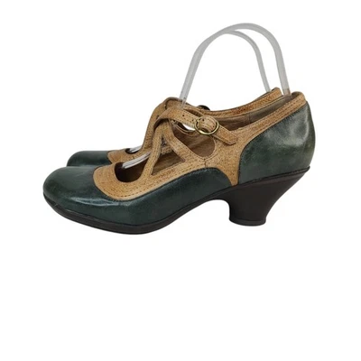 Miz Mooz Cabot Vintage Green & Tan Strappy Leather Mary Jane Pumps Size 39/8.5 - Image 1 of 4
