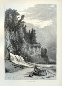 Chapel Beach Michigan antica incisione 1872 rocce raffigurate scena cascata - Foto 1 di 3