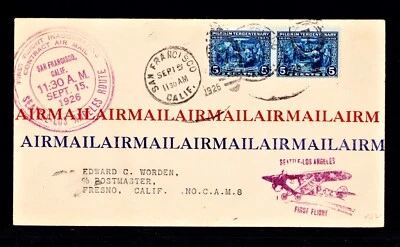 550 5¢ Pilgrim Pair 1st Flight San Francisco 1926 9/15 Seattle-Los Angeles Route - Image 1 of 3