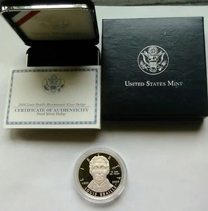 2009-P SILVER Proof LOUIS BRAILLE BICENTENNIAL Dollar $1 Coin US Mint COA OGP Ag - Picture 1 of 3