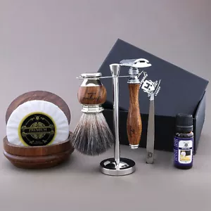 Wooden Shaving Kit Safety Razor Soap Cream Lathering Brush Bowl Set Holder Stand - Picture 1 of 1