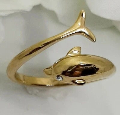 Anillo de delfín dorado base de acero inoxidable ojos circonita chapado en oro animal marino Foto 1 de 4