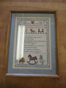 Matted & Framed Cross Stitch NURSERY BLUE BROWN 14 X 18 POEM CHILD'S ROOM - Picture 1 of 10