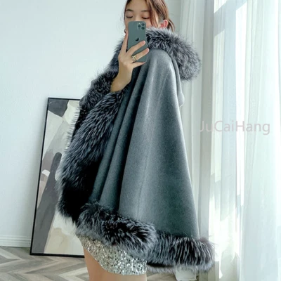 Capas con capucha 100 % piel de zorro cuello chal capa lana lana abrigos envolturas cálidas de lujo Foto 1 de 4