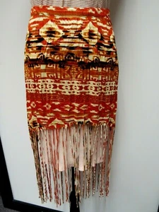 BLACK BEAD Stretch Knit Fringed Skirt Tribal Geometric Black Brown Red Clay S EU - Picture 1 of 10