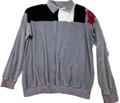 Vtg Velour Shirt Men XL Gray Polo Color Block Long Sleeve Dad Mob Streetwear  - Image 1 of 4