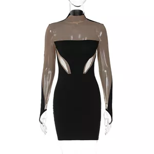 NEW Women Mesh Patchwork O-Neck Long Sleeve Club Outfit Bodycon Mini Dress #S1 - Picture 1 of 10