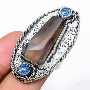Montana Ágata, Azul Piedra Topacio Hecho a Mano 925 Anillo Plata de Ley Tamaño 6 - Imagen 1 de 5