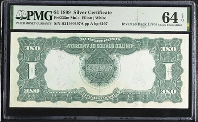 Inverted Back Error 1899 $1 Black Eagle Silver Cert Mule PMG 64 EPQ FR 235m - Image 1 of 2