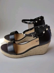 Kensie Roma Black Espadrilles Wedge Sandals Black Vegan Leather Size 8 NEW Stud - Picture 1 of 11