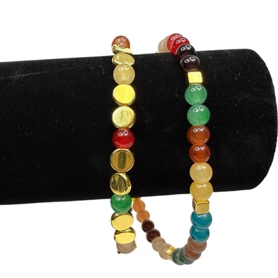 Pulsera colorida de piedras preciosas de vidrio de doble hilo detalles en tono dorado joyería muñeca 8 Foto 1 de 4