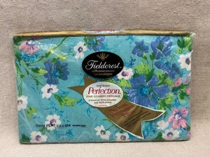 Vintage Fieldcrest Blue Floral w/ Pink & White Twin Flat Sheet 72x104 Retro 1970 - Picture 1 of 4