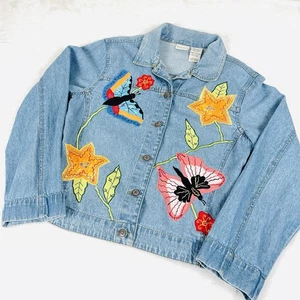 VTG WHITE STAG Denim Jean Jacket Womens S Butterfly Design Embroidered Flowers - Picture 1 of 11
