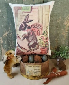 VINTAGE VICTORIAN ANTIQUE STYLE EASTER BUNNY RABBIT BASKET EGGS POST CARD PILLOW - Picture 1 of 9