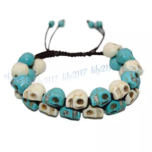 Tibet Buddhist 10x12mm White Blue Turquoise Skull Prayer Beads Mala Bracelets - Picture 1 of 6