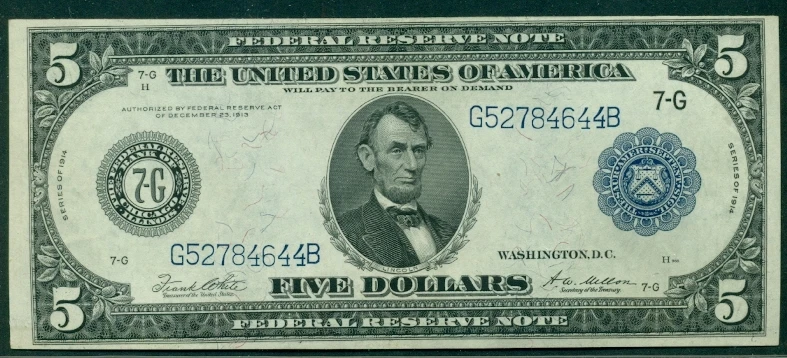 $5.00 FRN – Chicago, 1914, Fr. #871A, crisp AU/UNC - Image 1 of 1