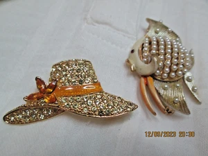 Vintage Monet Gold-tone Sunhat BSK Fish Brooch Lot Rhinestone Faux Pearl Jewelry - Picture 1 of 13