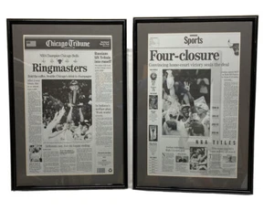 Lot of (2) Glass Framed 1996 Chicago Bulls Championship Tribune Newspaper Jordan - Picture 1 of 12