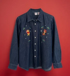Vintage Neu mit Etikett Disney WINNIE THE POOH Jeanshemd Damen M Weihnachten Glitzer Knopf - Bild 1 von 8